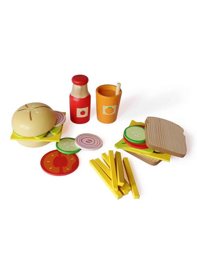 Shumee Wooden Sandwich & Burger Cooking Set (3 Years+)- 15 Pieces | Multicolor | 100% Child Safe | Pretend Play | Educational Toy |