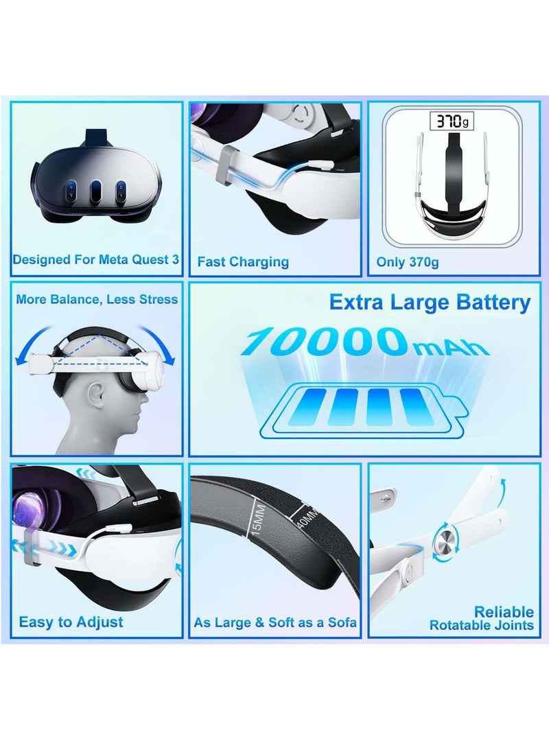 Head Strap with Battery for Meta Quest 3 10000mAh Battery with RGB Light Extend 6-8Hours Playtime Adjustable Elite Strap Bettery for VR Oculus Quest3