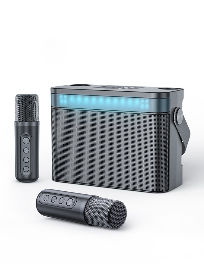 Portable Bluetooth Speaker with 2 Wireless Microphones - 3000mAh Battery, Type-C Charging, BT-V5.0, EFF Function, AUX/USB/TF Card Support - Ideal for Karaoke, Parties, and Outdoor Events