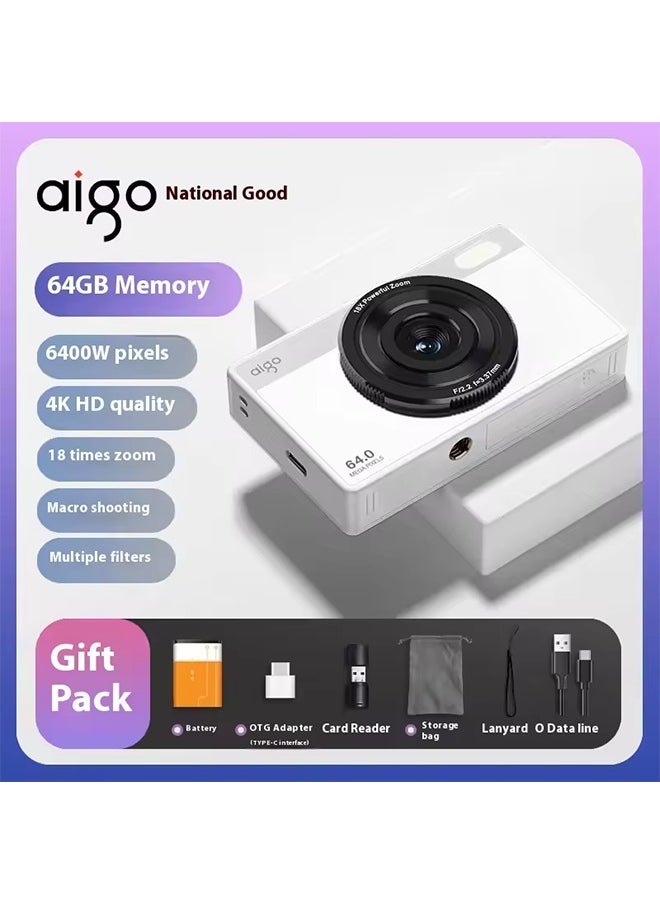 Aigo E6 Digital Camera 4K AF Auto Focus Long Endurance 64 Million Pixels CMOS Sensor Lightweight Portable Card Player Retro CCD