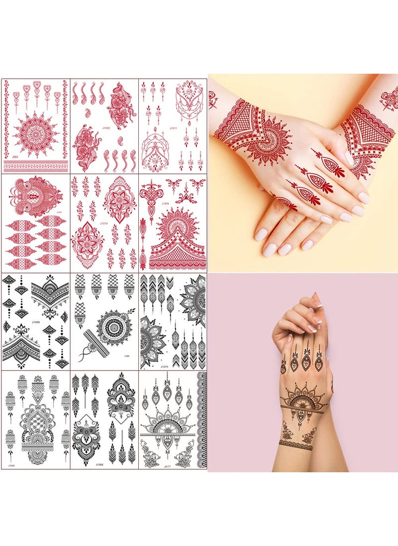 Xmasir Henna Tattoo 12 Sheets Henna Stickers 6pcs Red  6pcs Black Waterproof Henna Tattoo Stickers for Women Wedding Party 6 Red 6 Black