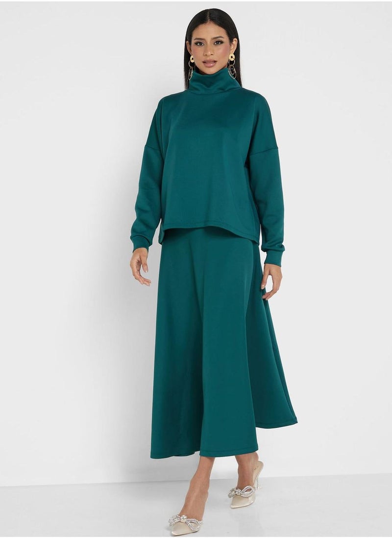 High Neck Top And High Waist Skirt Set