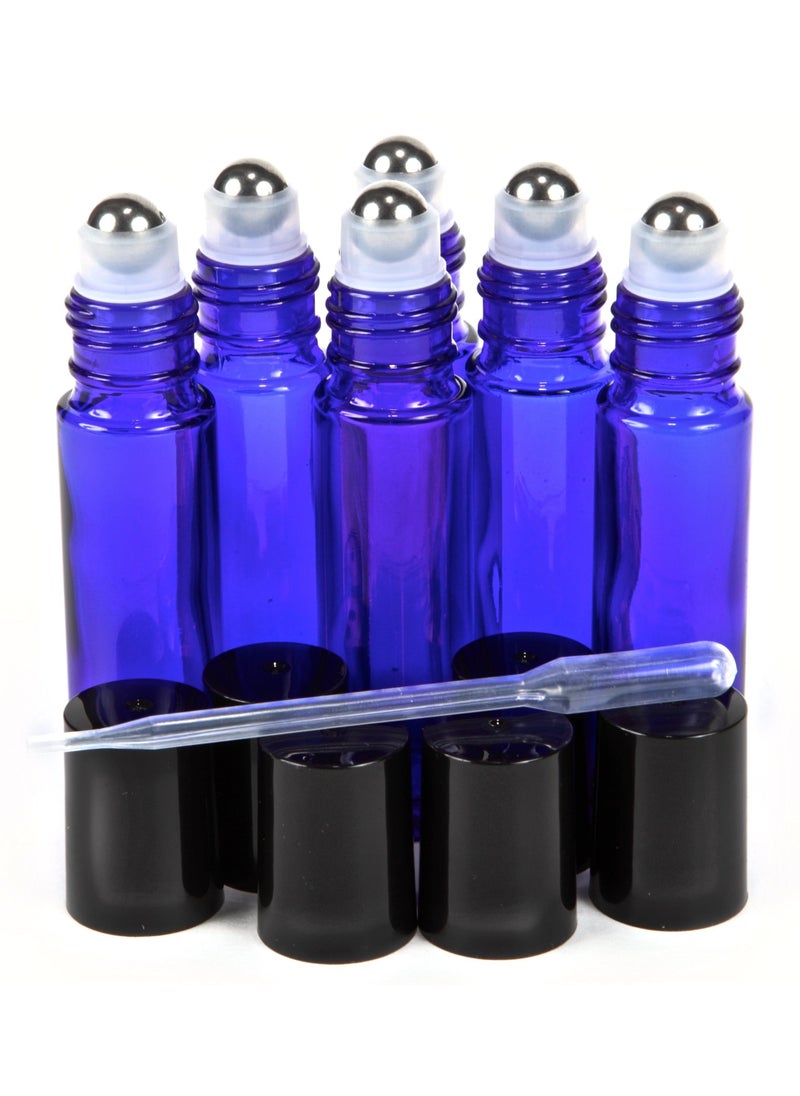 Vivaplex 6 Cobalt Blue 10 ml Glass Rollon Bottles with Stainless Steel Roller Balls  5 ml Dropper Included