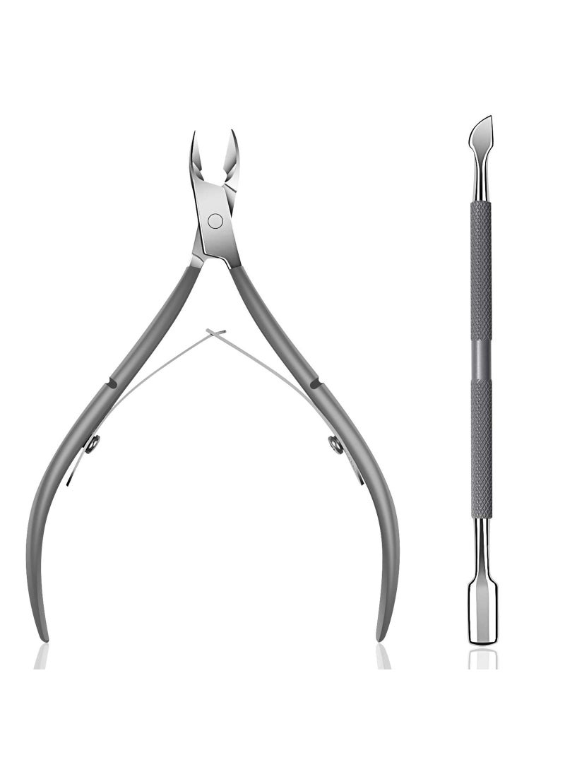 Cuticle Trimmer with Cuticle Pusher  Ejiubas Cuticle Remover Cuticle Nipper Professional Stainless Steel Cuticle Cutter Clipper Durable Pedicure Manicure Tools for Fingernails and Toenails Gray