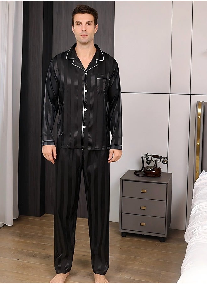 Men's Pajama Set Comfortable Ice Silk Long Sleeve Cardigan Lapel Home Clothes Set Button-up Pajamas 2-Piece Set Long Sleeve Casual Set Soft PajamasWith Pockets Pajamas Men(XXL)