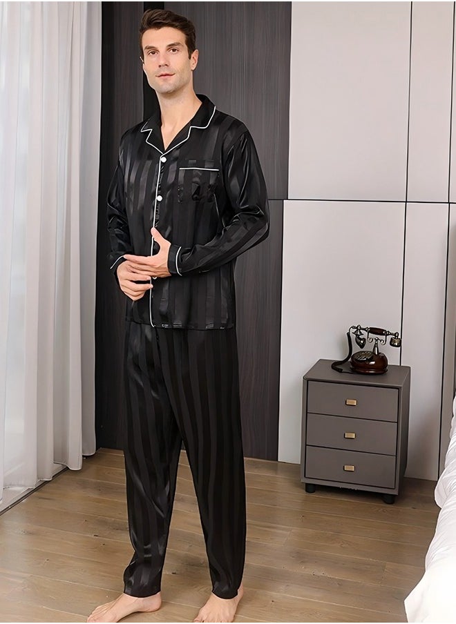 Men's Pajama Set Comfortable Ice Silk Long Sleeve Cardigan Lapel Home Clothes Set Button-up Pajamas 2-Piece Set Long Sleeve Casual Set Soft PajamasWith Pockets Pajamas Men(XXL)