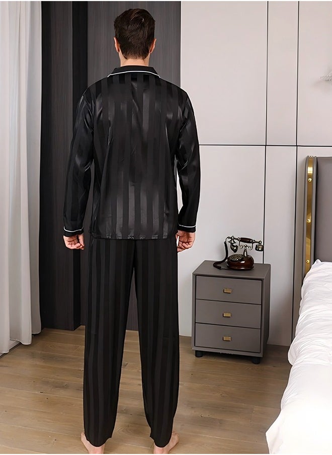 Men's Pajama Set Comfortable Ice Silk Long Sleeve Cardigan Lapel Home Clothes Set Button-up Pajamas 2-Piece Set Long Sleeve Casual Set Soft PajamasWith Pockets Pajamas Men(XXL)