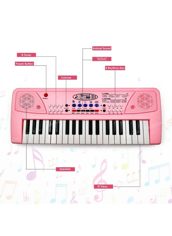 VikriDA Kids Keyboard Piano, 37 Keys Piano Keyboard with Power Option (37 Keys and 8 Tones, 8 Rhythms 4 Percussion) Pink