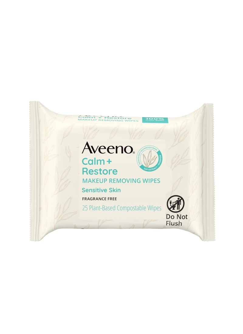 Aveeno Calm  Restore Nourishing Makeup Remover Face Wipes Fragrance Free Facial Cleansing Towelettes with Oat Extract  Calming Feverfew Alcohol Free 100 PlantBased Cloth 25 ct