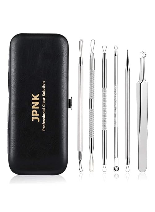 JPNK Blackhead Remover Tool Comedones Extractor Acne Removal Kit for Blemish Whitehead Popping 6 Pcs Zit Removing for Nose Face Tools with a Leather Bag