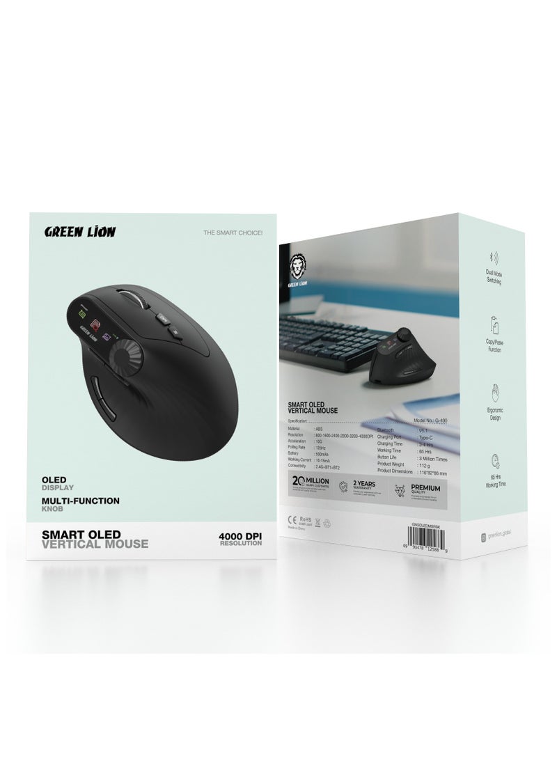 Smart OLED Vertical Mouse 4000DPI with Multi-Function Knob & Dual Mode Switching / Ergonomic Design / Copy/Paste Function / 65 Hours Working Time / 10G Acceleration - Black