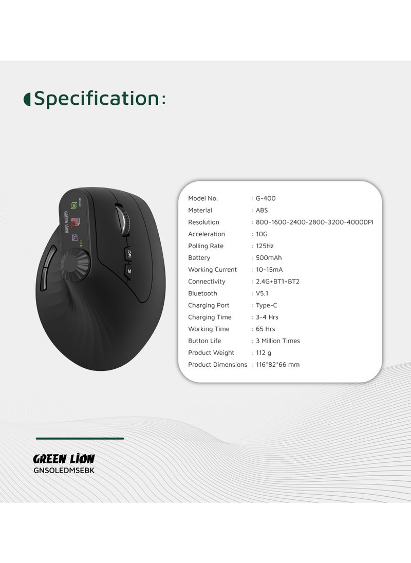 Smart OLED Vertical Mouse 4000DPI with Multi-Function Knob & Dual Mode Switching / Ergonomic Design / Copy/Paste Function / 65 Hours Working Time / 10G Acceleration - Black