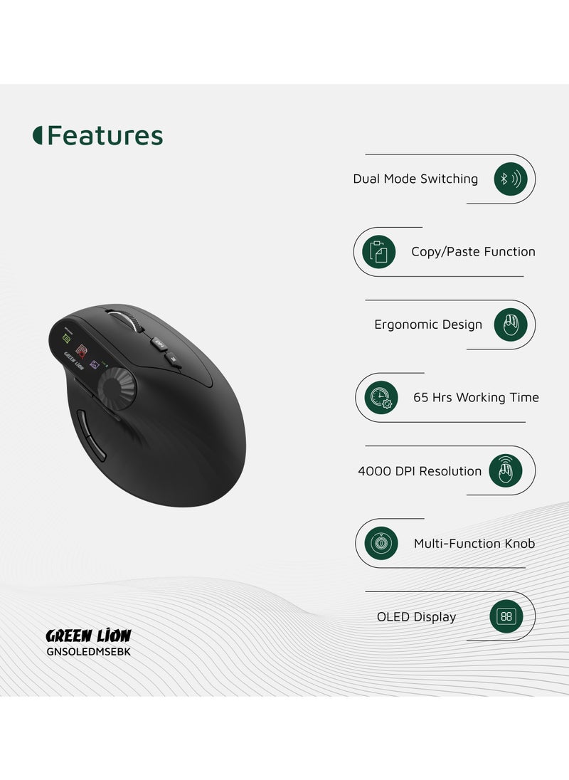 Smart OLED Vertical Mouse 4000DPI with Multi-Function Knob & Dual Mode Switching / Ergonomic Design / Copy/Paste Function / 65 Hours Working Time / 10G Acceleration - Black