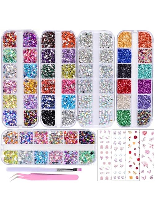 editTime 5 Boxes Shiny Colorful Nail Art Rhinestones Kit 3D Flatback Horse Eye Rhinestones Irregular Nail Stone and 4 Sheets Flower Nail Stickers with a Curved Tweezers and a Nail Brush multicolor