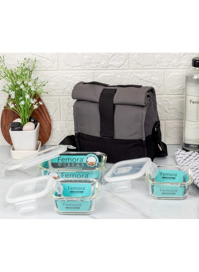 Femora Glass Lunch Box with Bag Set of 3 Containers (Square- 300 ML, Rectangular- 620 ML) Clear, Microwavable Borosilicate Glaas, Ideal for College, Travel Office, Grey Black