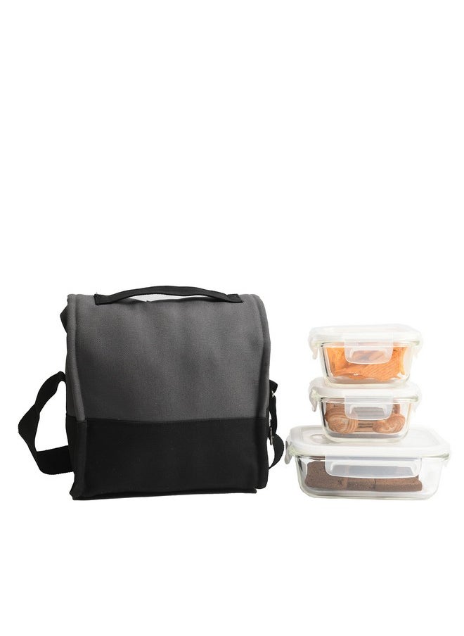 Femora Glass Lunch Box with Bag Set of 3 Containers (Square- 300 ML, Rectangular- 620 ML) Clear, Microwavable Borosilicate Glaas, Ideal for College, Travel Office, Grey Black