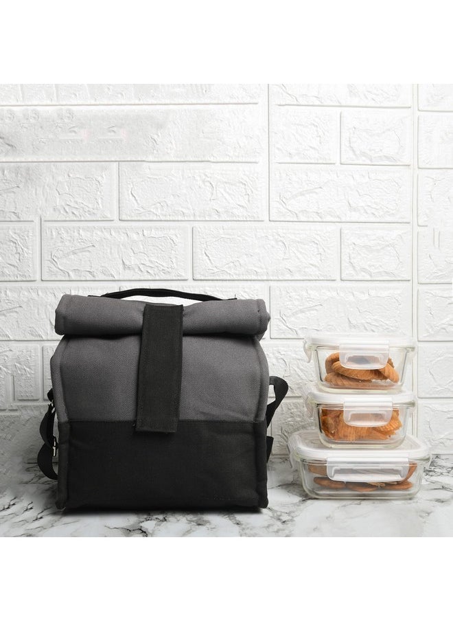 Femora Glass Lunch Box with Bag Set of 3 Containers (Square- 300 ML, Rectangular- 620 ML) Clear, Microwavable Borosilicate Glaas, Ideal for College, Travel Office, Grey Black