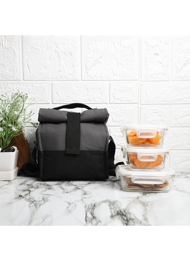 Femora Glass Lunch Box with Bag Set of 3 Containers (Square- 300 ML, Rectangular- 620 ML) Clear, Microwavable Borosilicate Glaas, Ideal for College, Travel Office, Grey Black