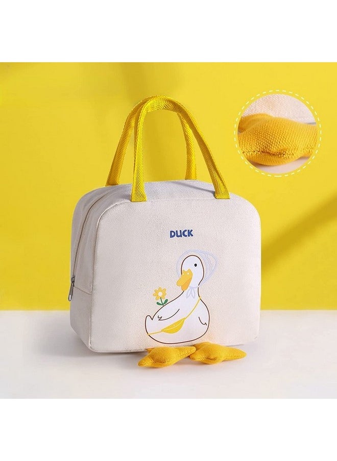 House of Quirk Insulated Reusable Lunch Bag Tote Bag for Women Printed Lunch Bag for School Picnic Office Outdoor Gym (Beige Cute Duck) (Oxford cloth+ Thermal Insulation Material)