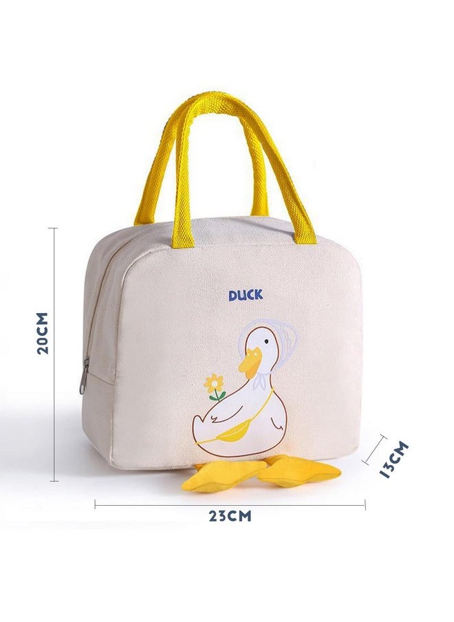 House of Quirk Insulated Reusable Lunch Bag Tote Bag for Women Printed Lunch Bag for School Picnic Office Outdoor Gym (Beige Cute Duck) (Oxford cloth+ Thermal Insulation Material)