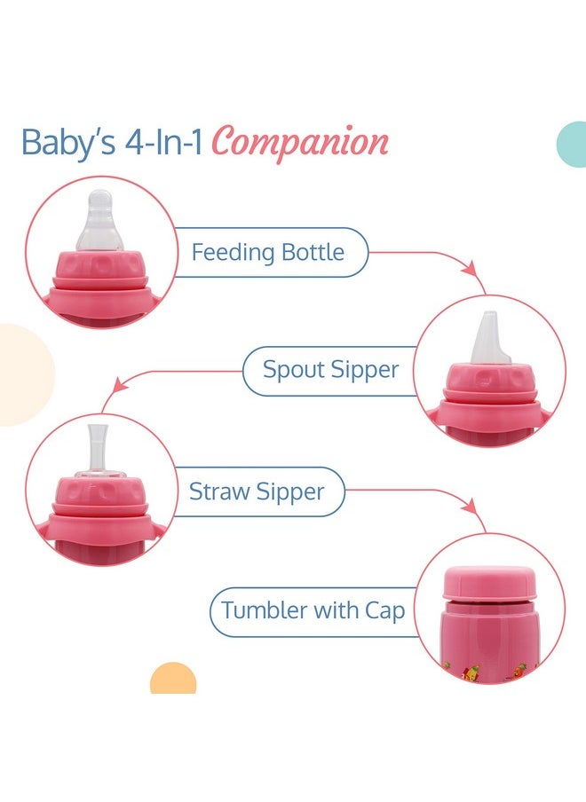 LuvLap 4 in 1 Slim Neck Steel Baby Bottle Cum Sipper with Handle (Pink)