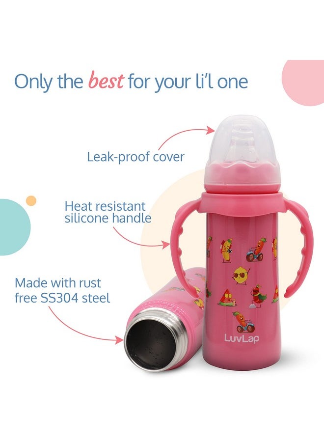 LuvLap 4 in 1 Slim Neck Steel Baby Bottle Cum Sipper with Handle (Pink)