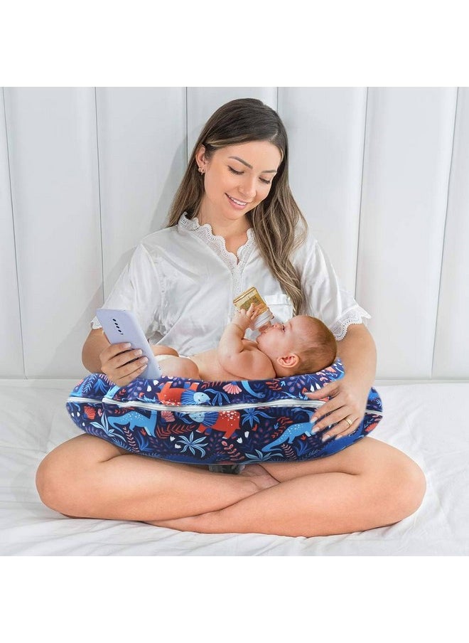 5In1 Baby Feeding Pillow With 100% Cotton Detachable Cover | Belt And Hoop Breastfeeding Nursing Pillow, Happy Dinos,Multicolour