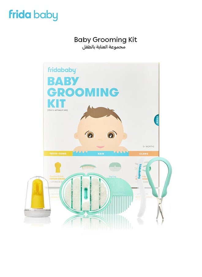 Baby Grooming Kit – 4-in-1 New born Care Set with Finger Toothbrush, Hairbrush & Comb, Easy Grip Nail Scissors & File – Baby Essentials for Safe & Gentle Grooming