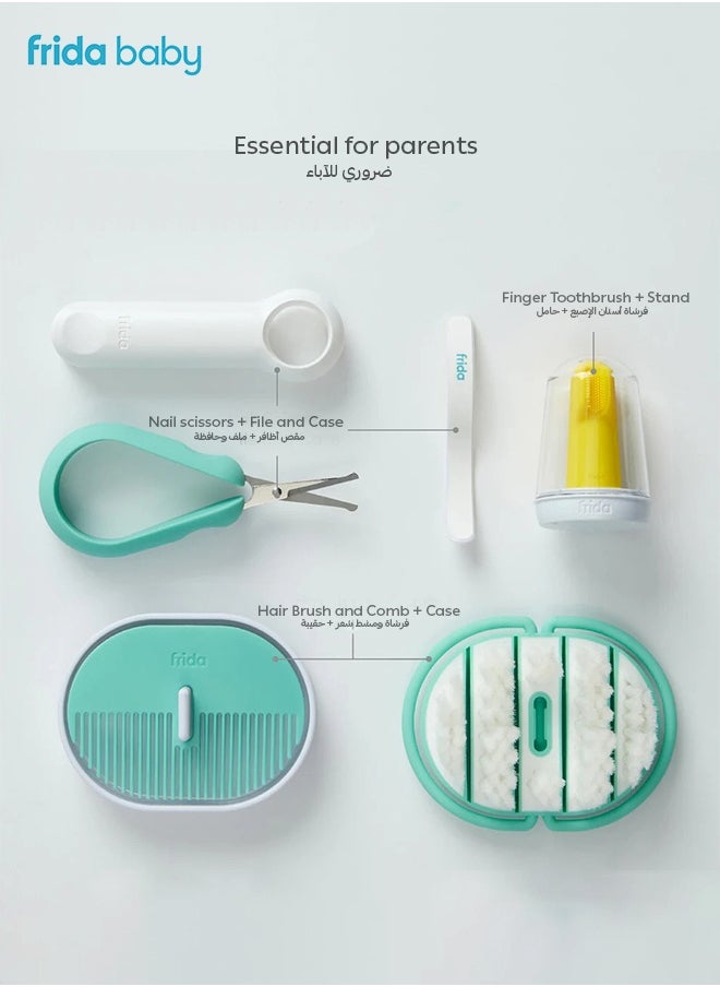 Baby Grooming Kit – 4-in-1 New born Care Set with Finger Toothbrush, Hairbrush & Comb, Easy Grip Nail Scissors & File – Baby Essentials for Safe & Gentle Grooming