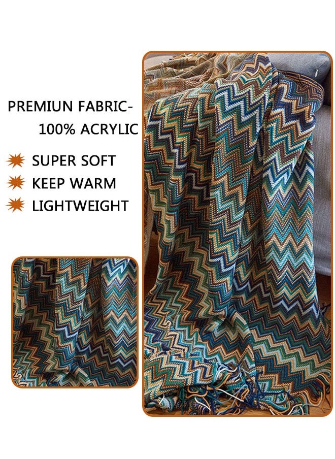 Knitted Tassel Blankets, Super Soft Cozy Lightweight Decorative Throw Blankets for Couch , Bed, Sofa, Outdoor Throw Blanket All Seasons 127x178CM（Blue）