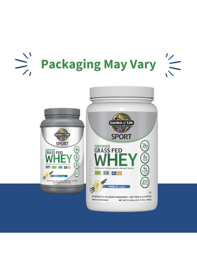 Garden of Life SPORT Whey Protein Powder Vanilla., Premium Grass Fed Whey Protein Isolate plus Probiotics for Immune System Health, 24g Protein, Non GMO, Gluten Free., Cold Processed - 20 Servings