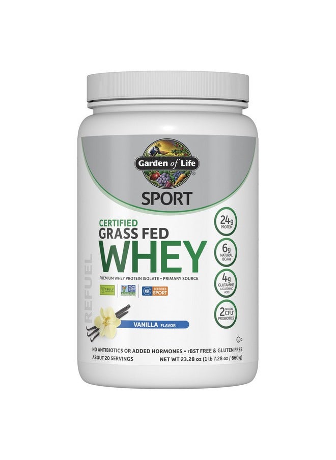 Garden of Life SPORT Whey Protein Powder Vanilla., Premium Grass Fed Whey Protein Isolate plus Probiotics for Immune System Health, 24g Protein, Non GMO, Gluten Free., Cold Processed - 20 Servings