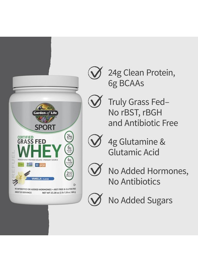 Garden of Life SPORT Whey Protein Powder Vanilla., Premium Grass Fed Whey Protein Isolate plus Probiotics for Immune System Health, 24g Protein, Non GMO, Gluten Free., Cold Processed - 20 Servings