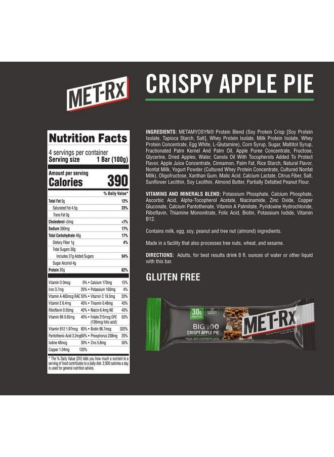 MET-Rx Big 100 Protein Bar, Meal Replacement, 30G Protein, Gluten Free, Crispy Apple Pie, 3.52 oz. ea, 8 Count (Packaging May Vary)