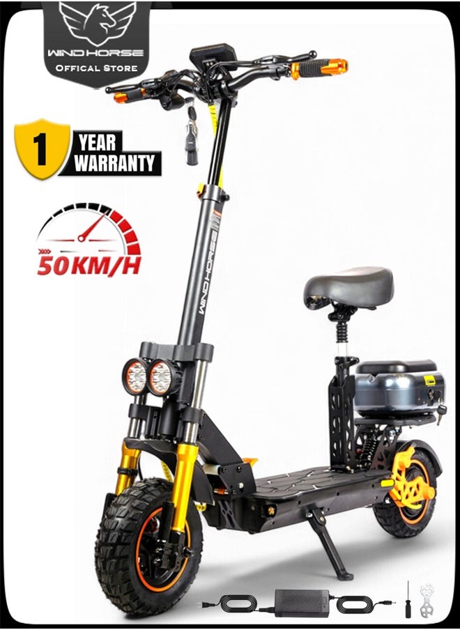 H4 Electric Scooter with 1800W Motor, 48V 13Ah Battery, 50KM/H Speed, 29KM Range, 11 Inches Tires, Dual Suspension, Disc Brakes, Remote Lock System, Storage Box and Seat