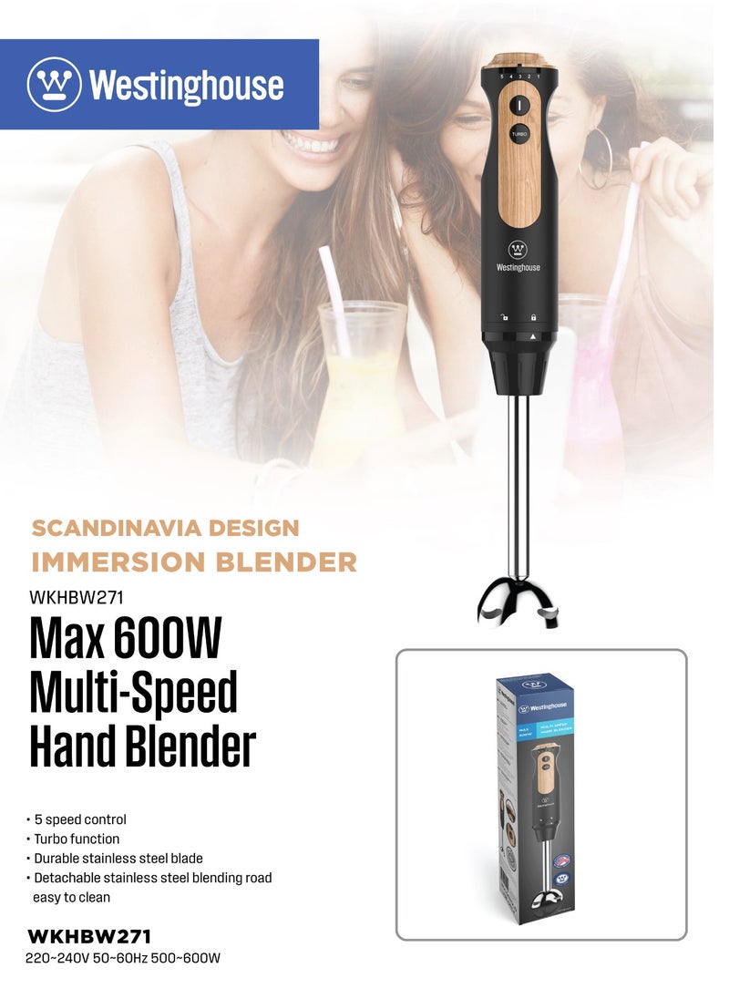 Hand Blender  500W– 5-Speed Immersion Blender with Turbo Mode, Faux Wood Finish Westinghouse
