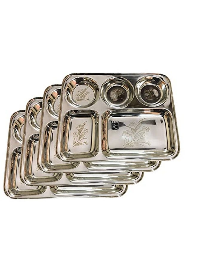 KC Stainless Steel Laser Partition Plate 5 in1 / Bhojan Thali/Dinner Plate Set of 4