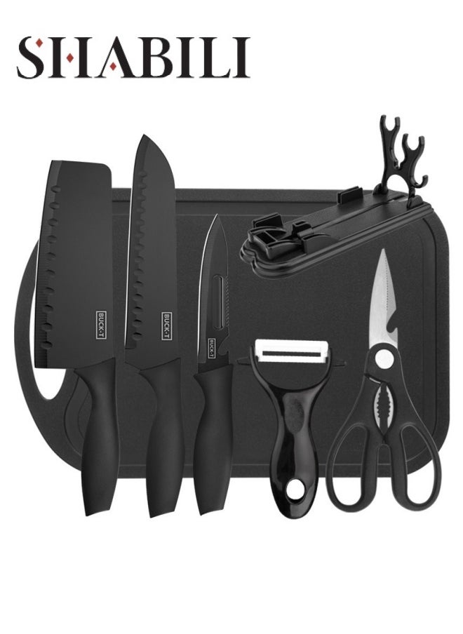 7-piece Kitchen Rust-proof Knife Set with 3 Kitchen Knives, Cutting Board, Scissors, Peeler, Knife Holder with Rust-proof Coating, Non-stick and Scratch-resistant, Suitable for Cooking Lovers, Ladies