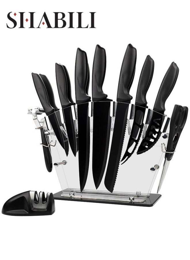 17-Piece Kitchen Rust-Proof Knife Set with Acrylic Holder, Sharpener, Scissors and Peeler, Stainless Steel Knife Set with Black Coating, Non-Stick, No-Scratch, for Cooking Lovers, Chefs, Women