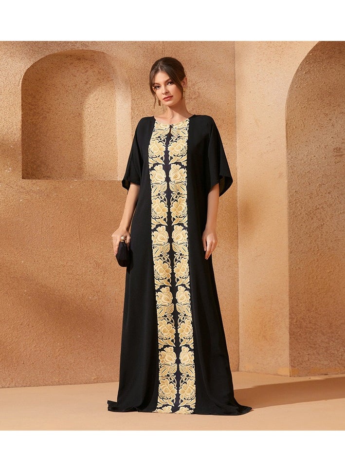 Middle Eastern, Arabic, and Turkish style printed patchwork long dress, elegant Middle Eastern gown, vintage fashion design robe dress, suitable for home, office, and casual outings. Loose plus-size dress.