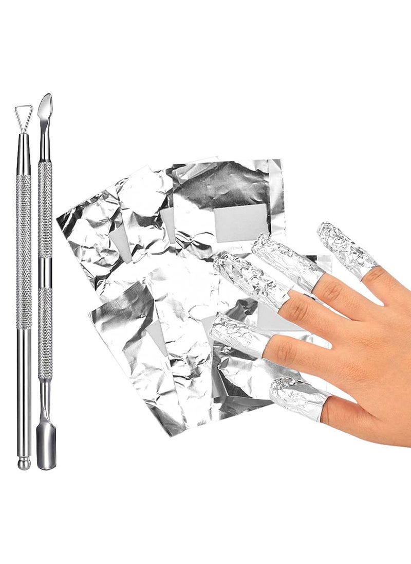 AKOAK 50 Pcs Aluminum Foil Cleaner Wrapped Nail Art Soaked Away Acrylic Gel Nail Cleaning Care Tool with 2 Stainless Steel Cuticle Thrusters