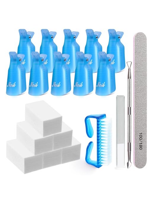 MORGLES Gel Polish Remover Kit 10 Pcs Nail Clips 300 Pcs Cotton Pads 100180 File Glass Nail Shiner Cuticle Pusher and Brush Blue