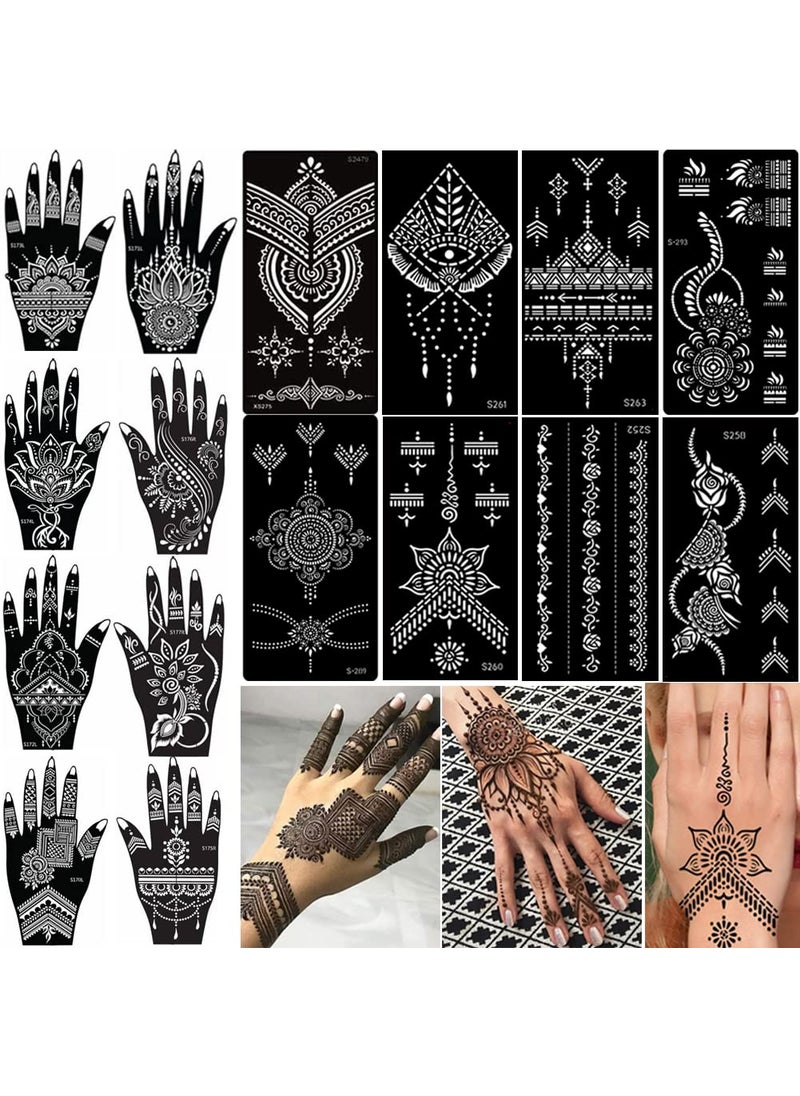 XMASIR 16 Sheets Temporary Henna Tattoo Kit Reusable Tattoo Stencils Sets Indian Arabian Temporary Tattoo Templates Kit for Body Hand Art