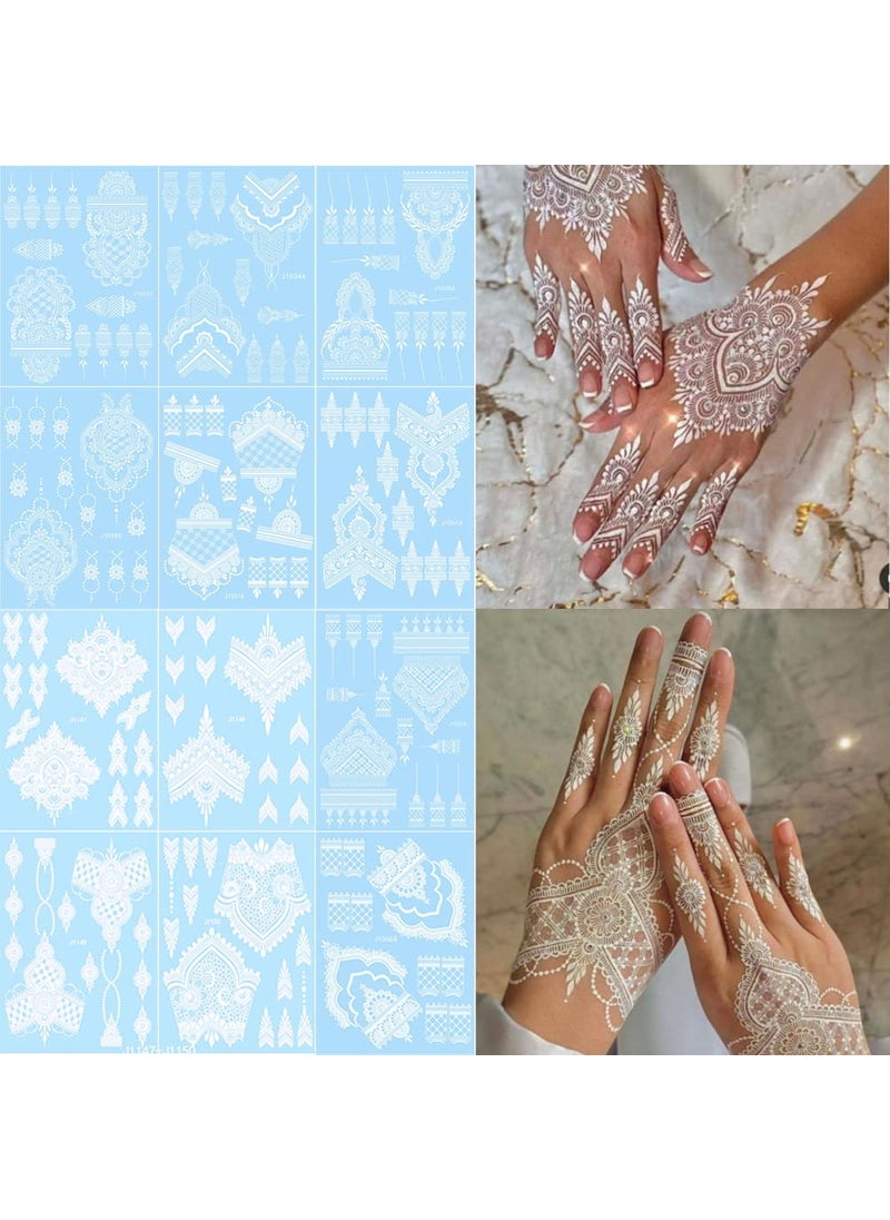 Xmasir 12 Sheets White Henna Tattoo Kit Waterproof Henna Tattoo Stickers for Women Wedding Party Temporary Henna Stickers White