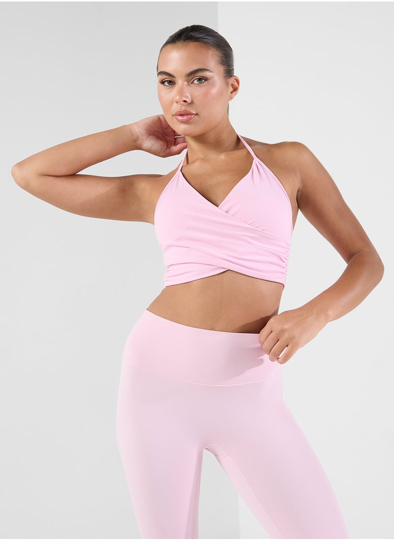 Halter Neck Wrap Over Detail Sports Bra