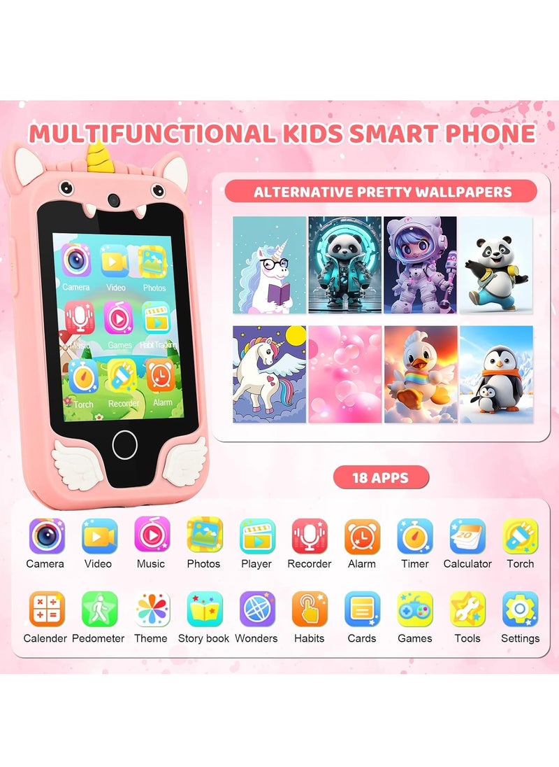 Kids Smart Phone for Girls, Dual Camera Unicorn Kids Phone Toy with Games, Music Player, Toddler Cell Phone Kids Learning Play Toy for 3-12 Years Old Boys Girls, Christmas Birthday With 8G Card (Pink)