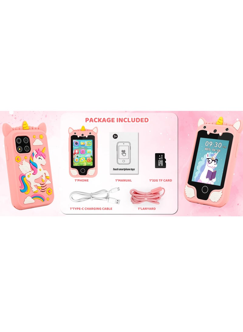 Kids Smart Phone for Girls, Dual Camera Unicorn Kids Phone Toy with Games, Music Player, Toddler Cell Phone Kids Learning Play Toy for 3-12 Years Old Boys Girls, Christmas Birthday With 8G Card (Pink)