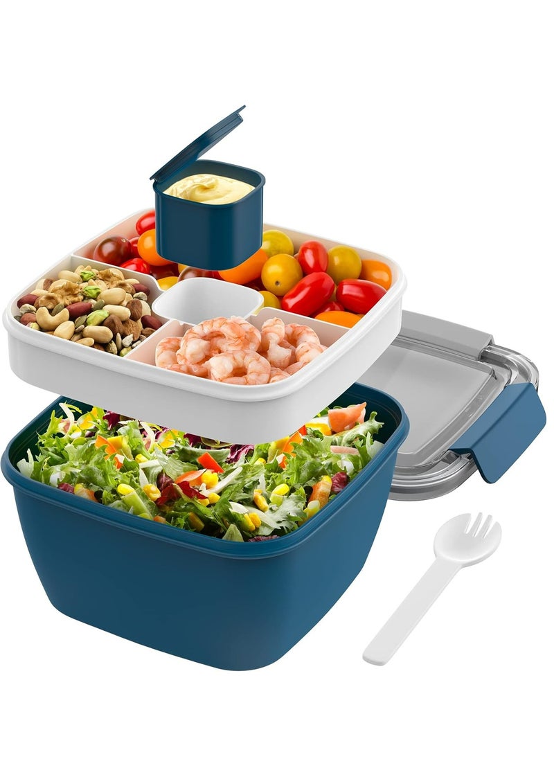 52oz Leak-Proof Salad Lunch Container with 3 Compartments, Fork & Sauce Holder - Blue