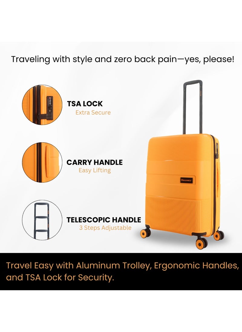 Discovery Trails PP Hardside Luggage Set Orange, Durable Expandable Unbreakable Double Zip Lightweight Travel Bag 4 Double Wheel TSA Lock 3pcs Suitcase Trolley Bag (21+26+30 Inch).