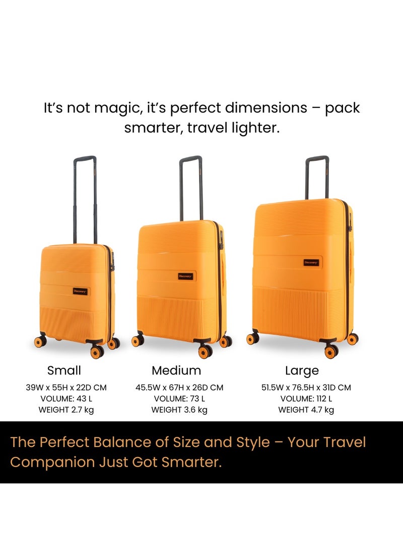 Discovery Trails PP Hardside Luggage Set Orange, Durable Expandable Unbreakable Double Zip Lightweight Travel Bag 4 Double Wheel TSA Lock 3pcs Suitcase Trolley Bag (21+26+30 Inch).